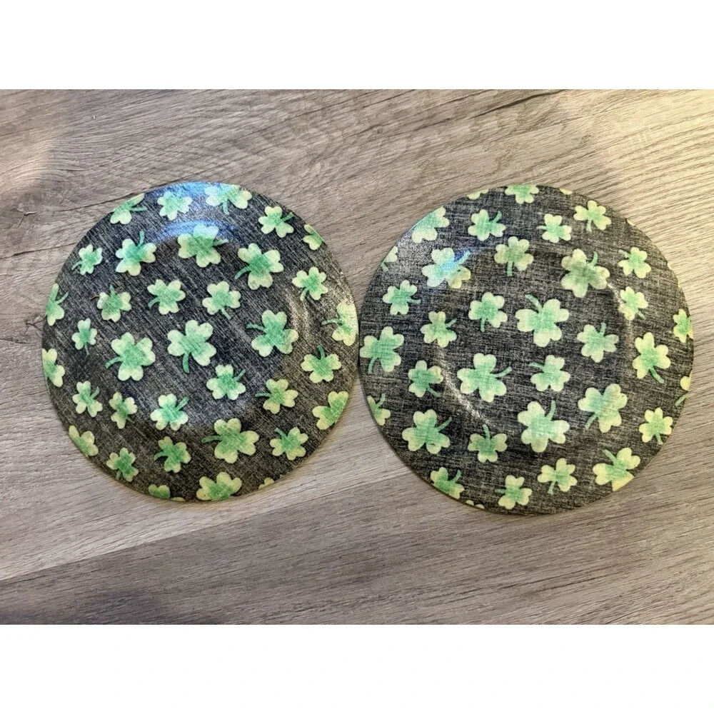 2 St Patrick Day Decorative Plates Green Shamrocks On Bey Dark Green Background